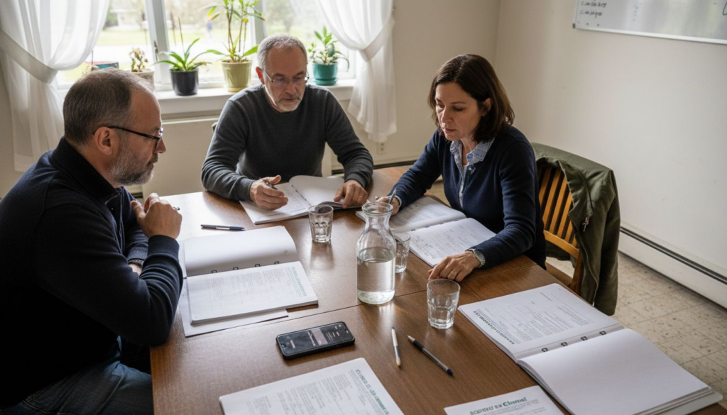 Des copropriétaires se sont rassemblés autour d’une table pour échanger sur les futurs travaux à réaliser dans l’immeuble.
