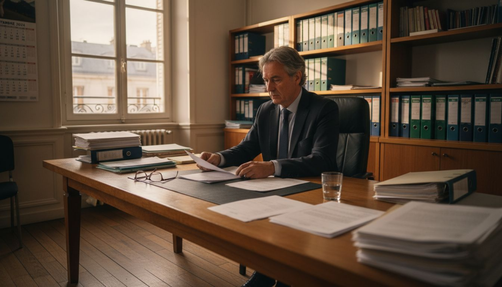 Un homme consulte des dossiers cadastraux dans un bureau.