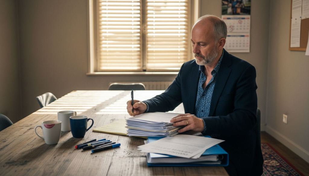 Le gestionnaire de copropriété prépare les documents nécessaires pour la prochaine réunion.