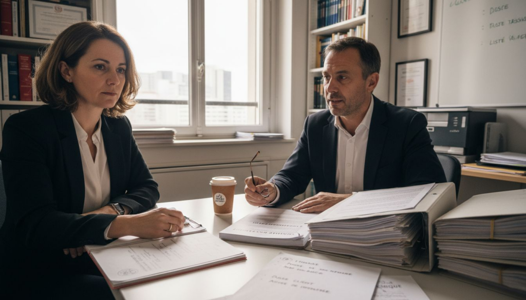 Un avocat échange avec son client au sujet d’un différend immobilier et des solutions d’arbitrage possibles.